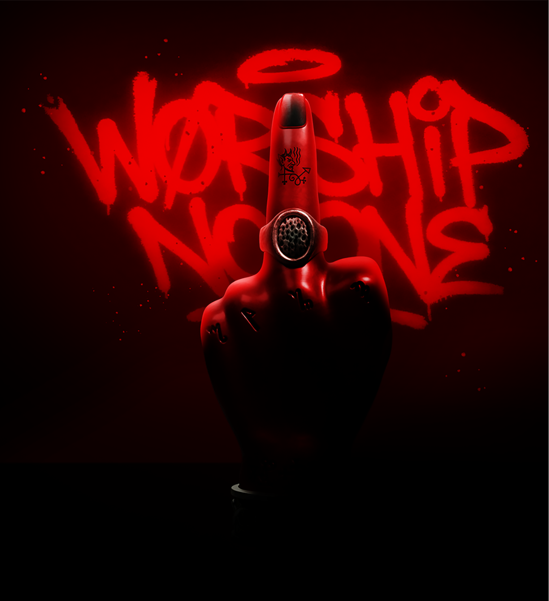 A dark, dramatic product shot of Satan of Stink fragrance bottle featuring a black and red hand raised in a middle-finger gesture with a circular ring on the index finger, set against a black background with glowing red graffiti-style text reading 'WORSHIP NO ONE'.